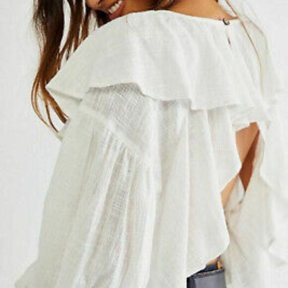 Free People Zuri White Balloon Sleeve Cropped Open Back Ruffle Blouse - Picture 4 of 13